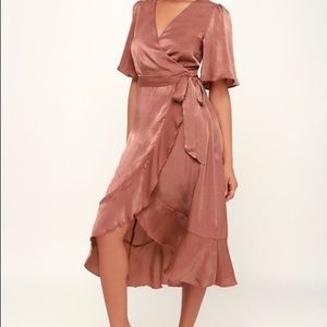 WRAPPED UP IN LOVE MAUVE SATIN WRAP MIDI DRESS